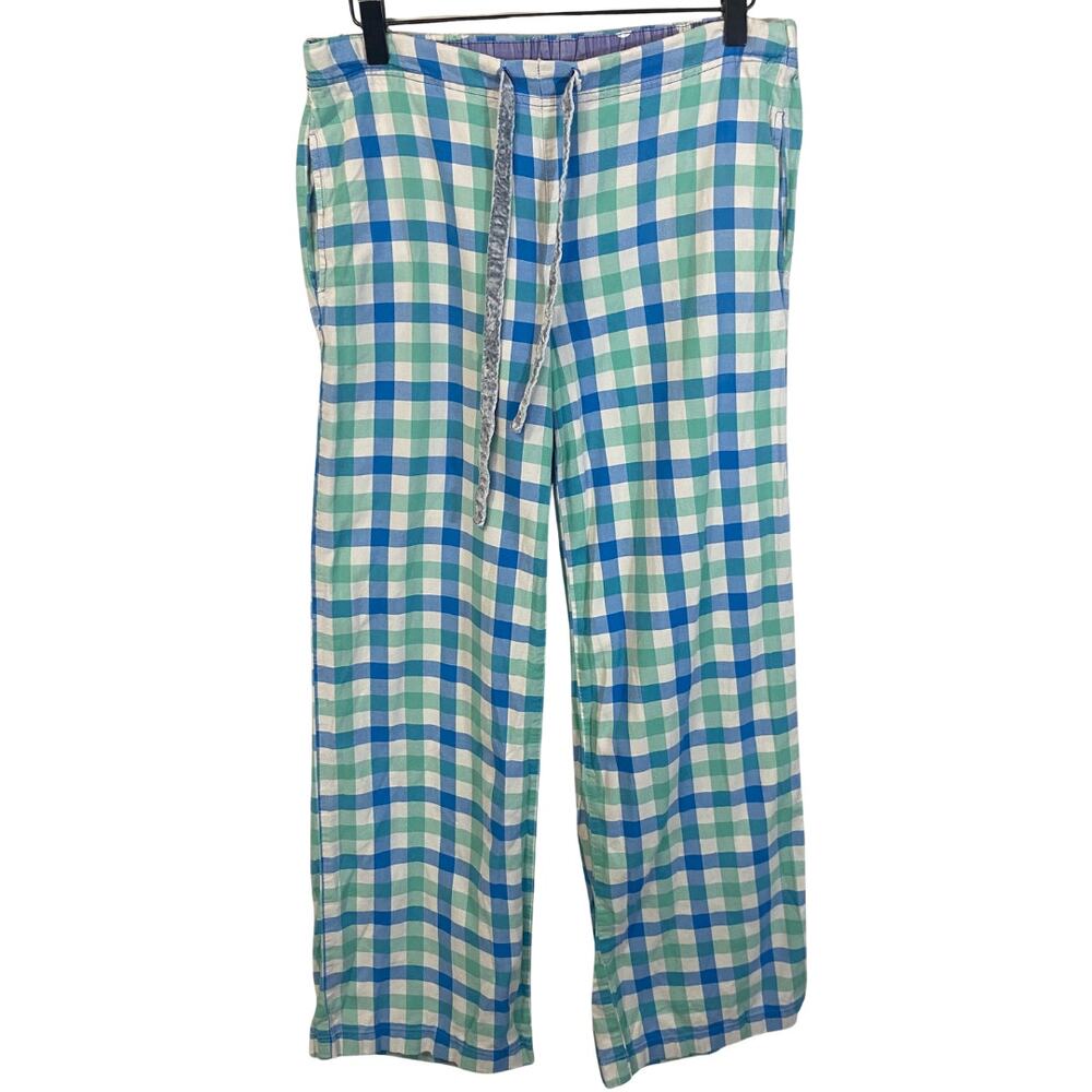 Boden Plaid Pajama Pants White Blue Green Elastic Waist 100% Brushed Cotton Sz 4